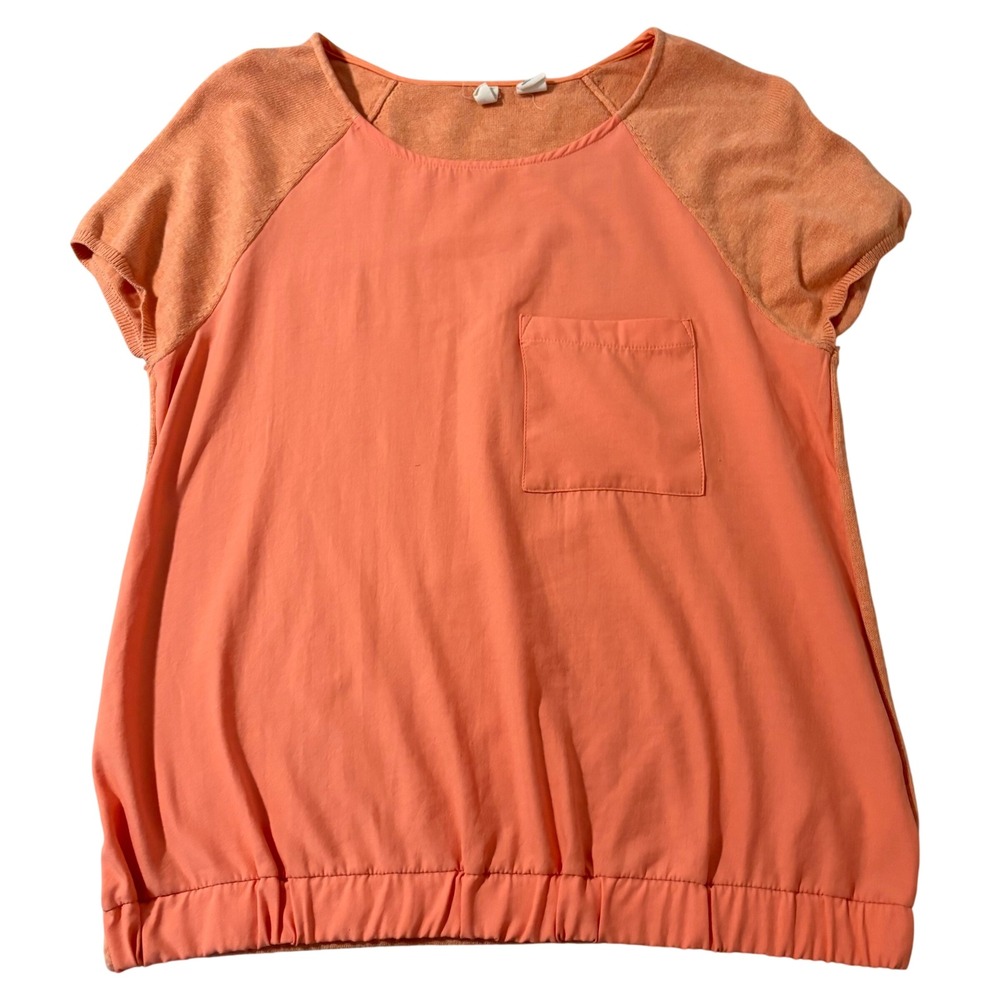 Anthropologie Moth Mixed Media Pocket Top Coral Orange Bubble Hem Casual XS